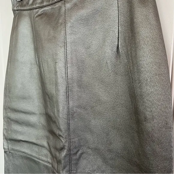 Vintage 80s 90s Metallic Silver Leather Skirt Panel Pencil Midi Length Size 6