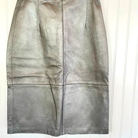 Vintage 80s 90s Metallic Silver Leather Skirt Panel Pencil Midi Length Size 6