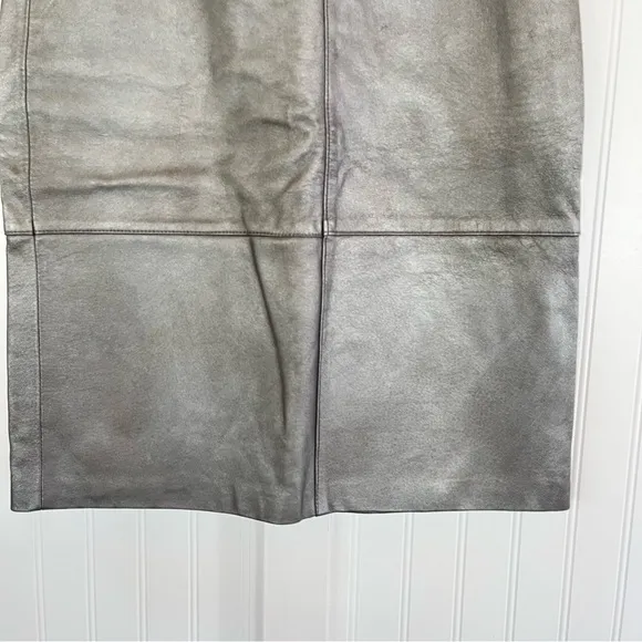 Vintage 80s 90s Metallic Silver Leather Skirt Panel Pencil Midi Length Size 6