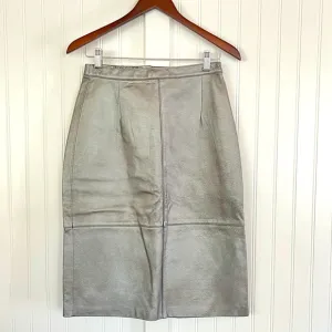Vintage 80s 90s Metallic Silver Leather Skirt Panel Pencil Midi Length Size 6