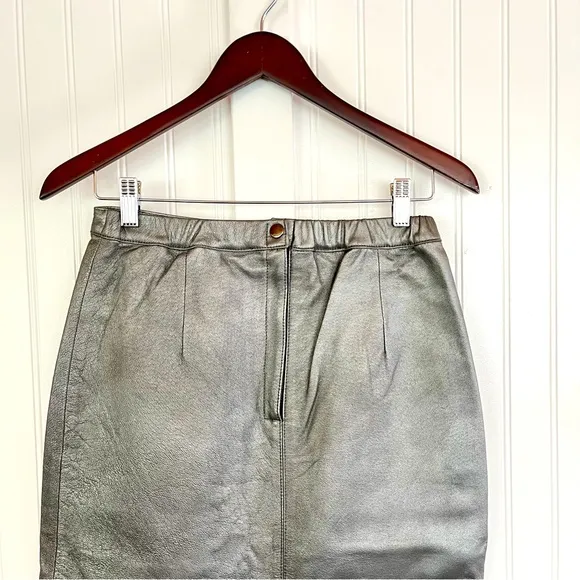 Vintage 80s 90s Metallic Silver Leather Skirt Panel Pencil Midi Length Size 6