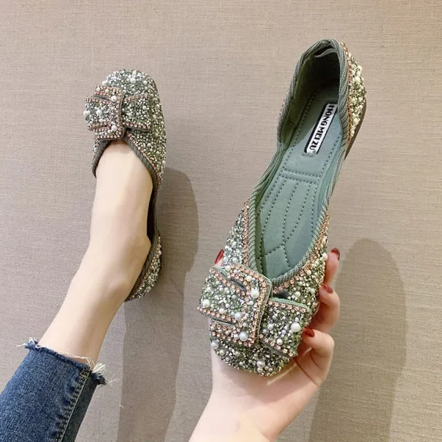 Women Ballet Flats Bling Crystal Diamond Dress Ladies Bow Sequins Single Shoes Rhinestone Glitter Square Toe